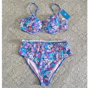 Cupshe Womens Floral High Waisted Underwire Bikini Set Blue Purple Size L NEW